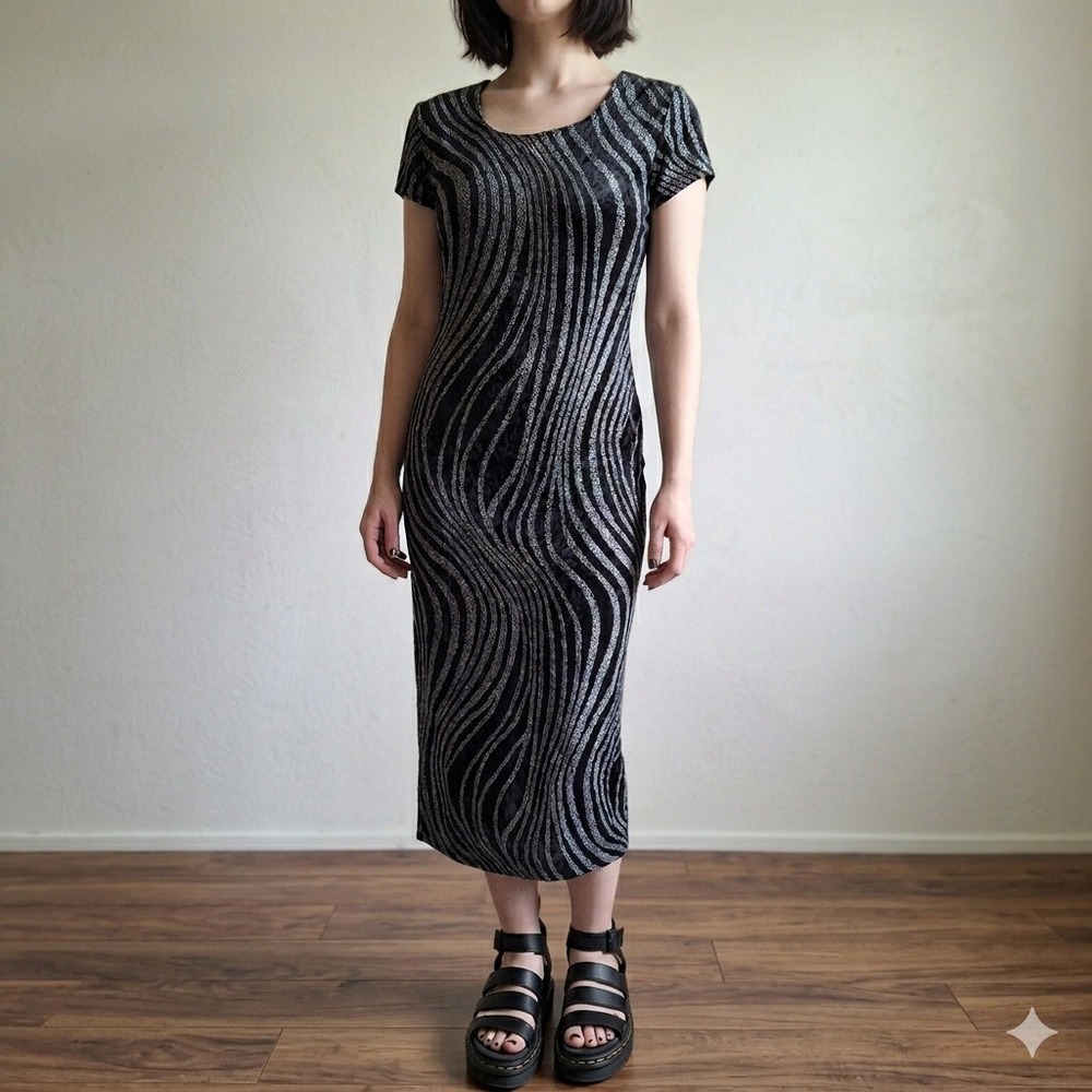 Y2K Whimsigoth Moire Wave Abstract Velour Burnout Scoop Neck Column Maxi Dress